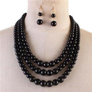 Three Layers Black Faux Pearl Necklace Earring Set